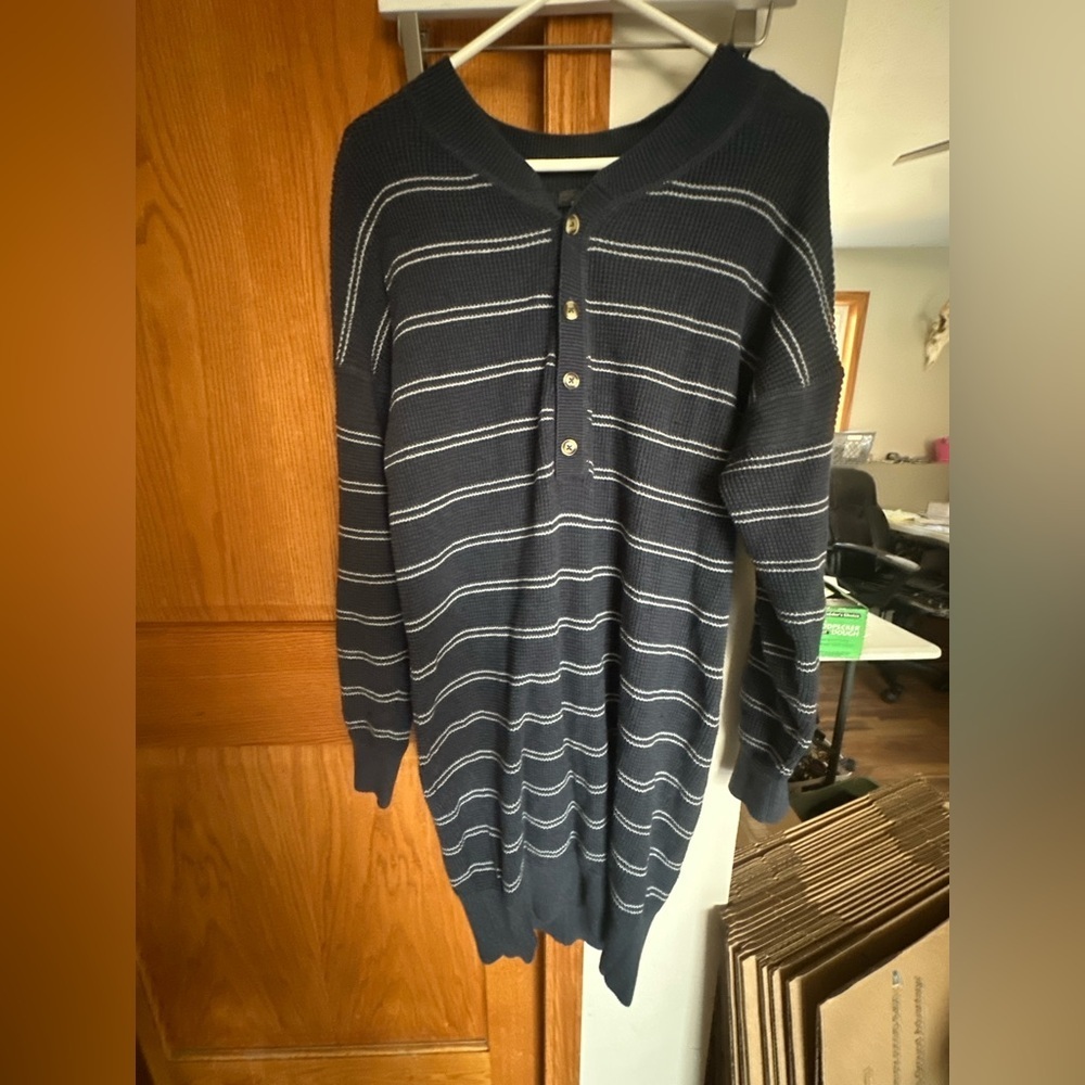 Prana Women's Navy Striped Midi Sweater Dress